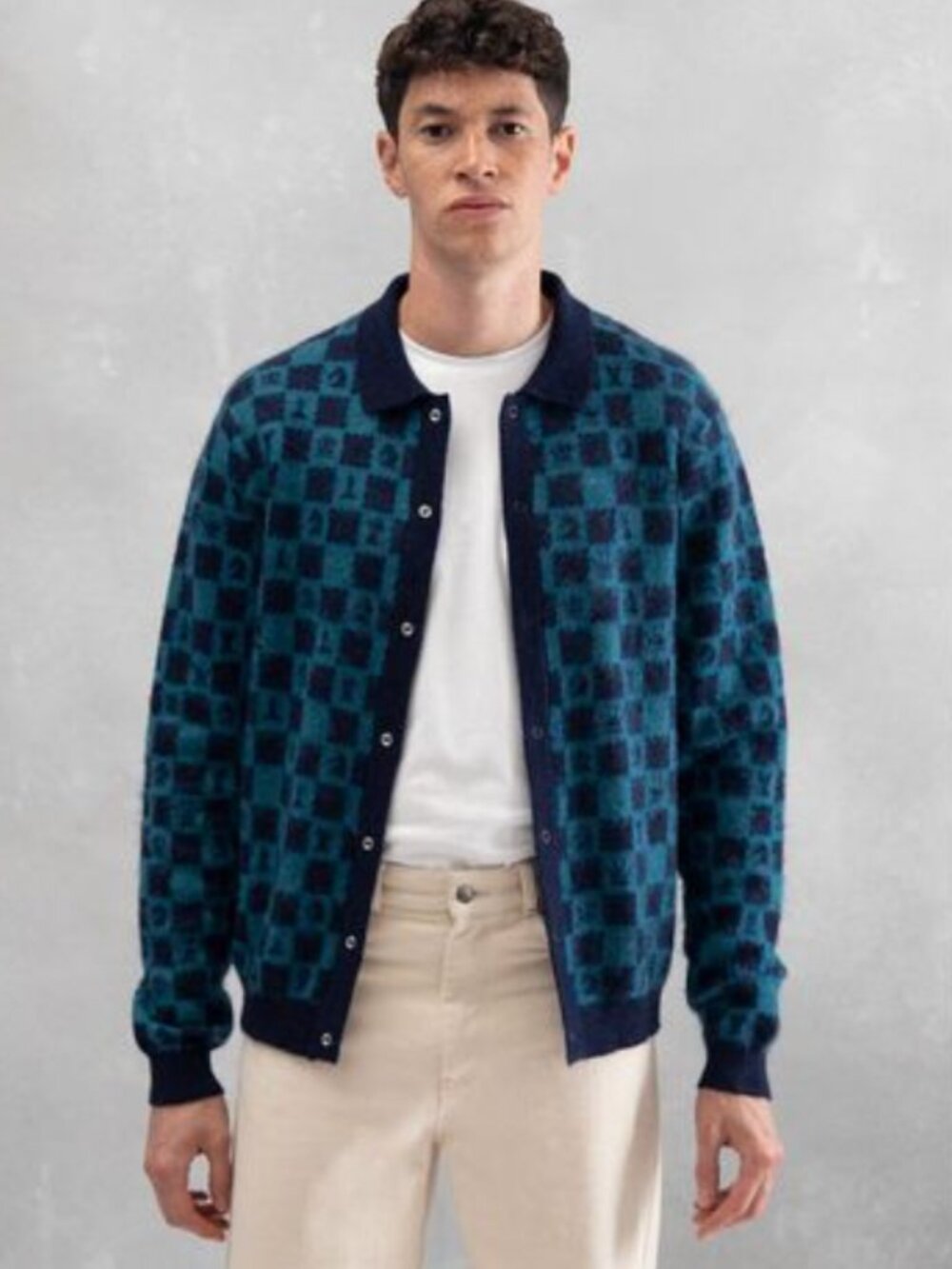 PERCIVAL Men's Gambit Mohair Button Up Cardigan Blue Navy Chess Size Medium